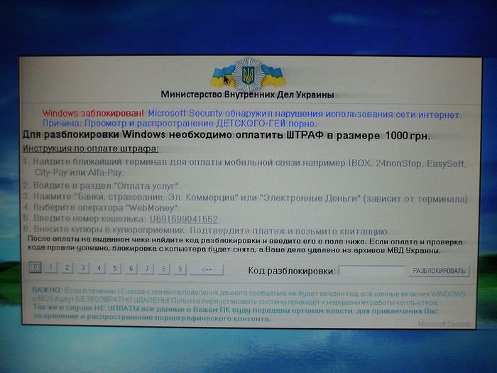 Сообщение о блокирование компьютера за просмотр порнографии україна